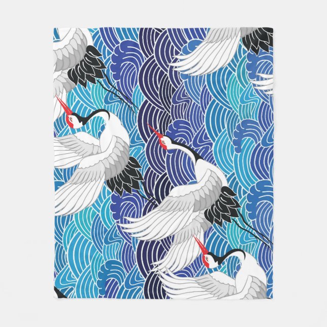 Couverture Polaire Grue japonaise : Motif orné d'oiseaux. (Devant)