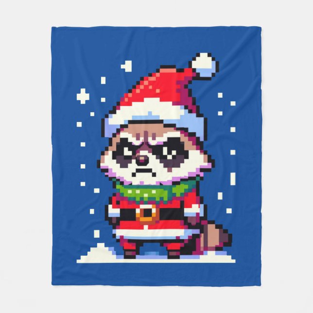 Couverture Polaire Grumpy Christmas Raccoon - Drôle Pixel Art Holiday (Devant)