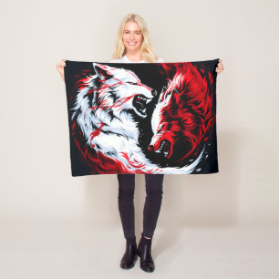 Couverture Polaire Guerrier Loup Cosmique Rouge Blanc