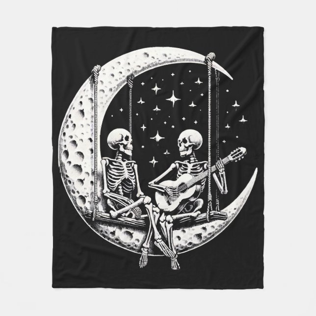 Couverture Polaire Guitare de lune de couple de squelettes (Devant)