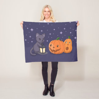 Couverture Polaire Halloween Black Cat Pumpkins Lantern Purple