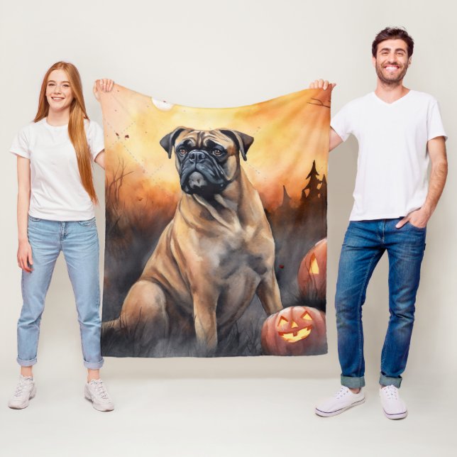 Couverture Polaire Halloween Bullmastiff avec citrouilles effrayant (En situation)
