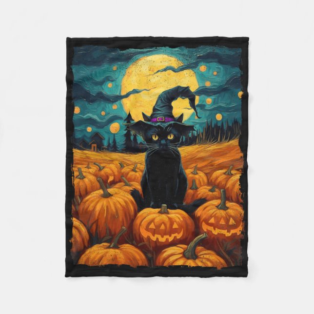 Couverture Polaire Halloween Chat noir Van Gogh Witch Kawaii Citrouil (Devant)