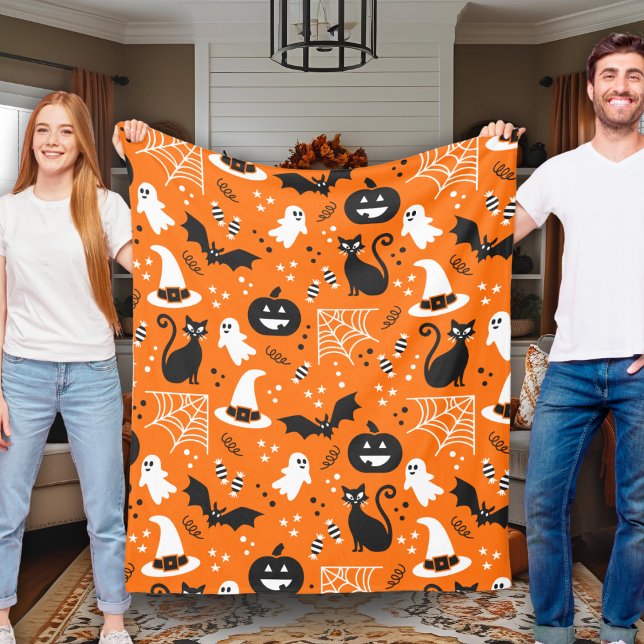 Couverture Polaire Halloween Classique Orange Et Noir (Orange And Black Classic Retro Halloween Fleece Blanket)