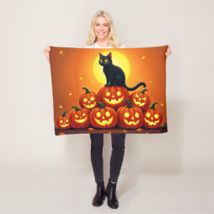 Couverture Polaire Halloween de vacances avec chat et pleine lune