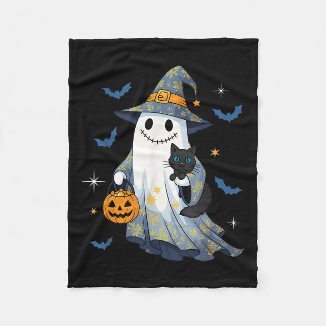 Couverture Polaire Halloween Ghost Witch Holding Black Cat Funny Hall (Devant)