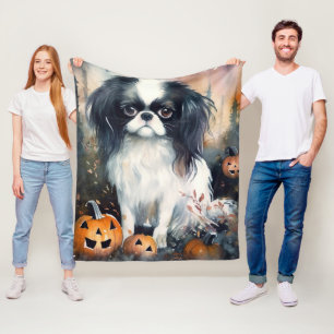 Couverture Polaire Halloween Japanese Chin avec citrouilles effrayant