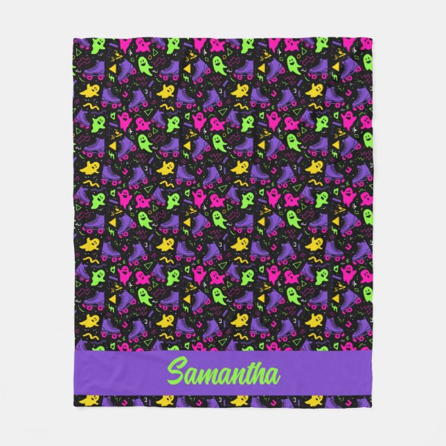 Couverture Polaire Halloween monogramme néon fantômes et patins (Devant)