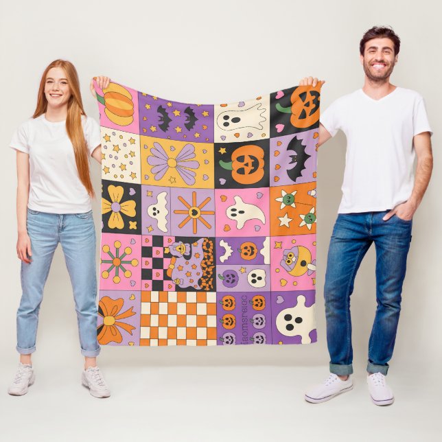Couverture Polaire Halloween Patchwork Motif - Carrés festifs (En situation)