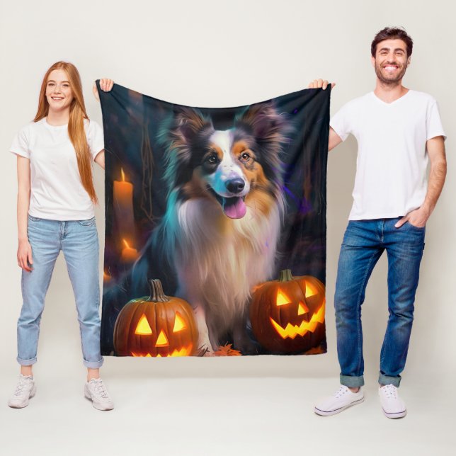 Couverture Polaire Halloween Shetland Sheepdog Avec la peur Citrouill (En situation)