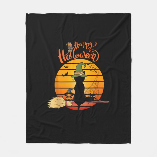 Couverture Polaire Halloween sorcière chatte Citrouille squelette cha (Devant)