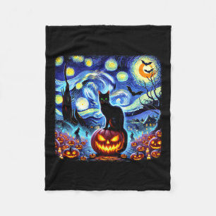 Couverture Polaire Halloween Van Gogh Starry Night Chat noir Citrouil