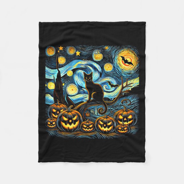 Couverture Polaire Halloween Van Gogh Starry Night Pumpkin Black Cat  (Devant)