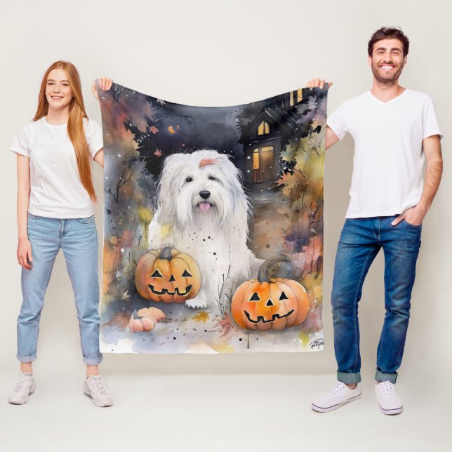 Couverture Polaire Halloween vieux chien anglais avec la peur Citroui (En situation)