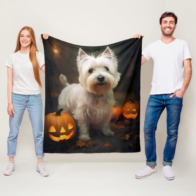 Couverture Polaire Halloween West Highland White Terrier Citrouilles (En situation)