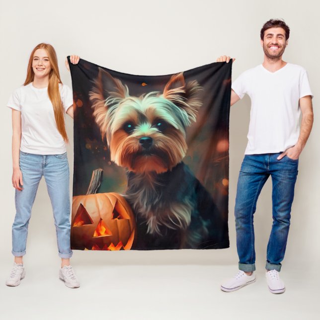 Couverture Polaire Halloween Yorkshire Terrier Avec La Peur Citrouill (En situation)