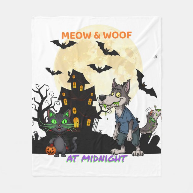 Couverture Polaire Hallween "Meow & Woof at Midnight" Chat & Werewolf (Devant)