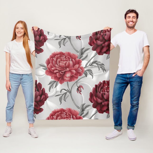 Couverture Polaire Hand-Drawn Peony Fleece Blanket – Elegant Crimson  (En situation)