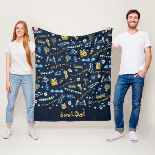 Couverture Polaire Hanoukka Personnalisé Menorah Dreidel Fleece Blan