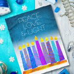 Couverture Polaire Hanoukka Turquoise bougies Peace Love Light Modern<br><div class="desc">"Paix, amour et lumière." Une illustration ludique, moderne et artistique de bougies motifs de saumons dans une menorah vous aide à inaugurer les vacances de Hanoukka. Des bougies bleues assorties de motifs de fausse feuille colorés recouvrent un dégradé turquoise en arrière - plan texturé blanc. Sentez la chaleur et la...</div>