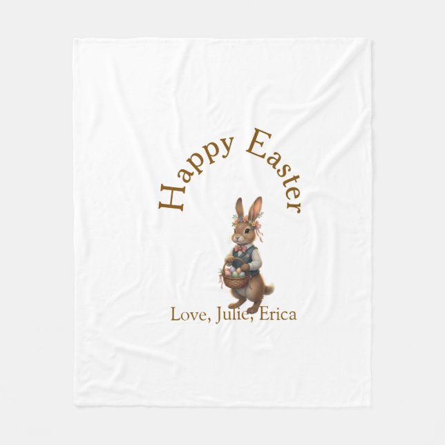 Couverture Polaire Happy Easter brown bunny with eggs love add name  (Devant)