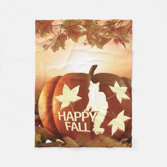 Couverture Polaire Happy Fall Citrouille & Silhouette de Chat Fleece  (Devant)