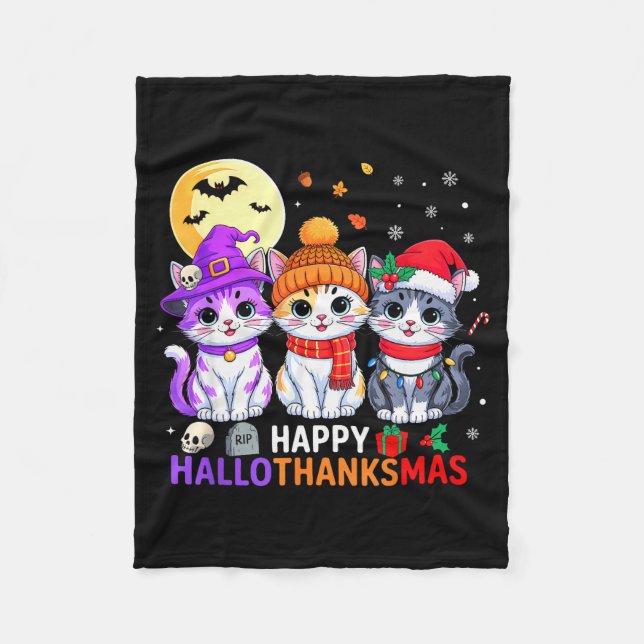 Couverture Polaire Happy Hallothanksmas Cats Halloween Thanksgiving C (Devant)