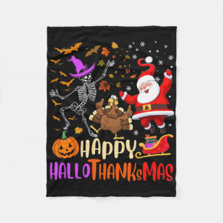 Couverture Polaire Happy Hallothanksmas Skeleton Pumpkin Turkey Santa