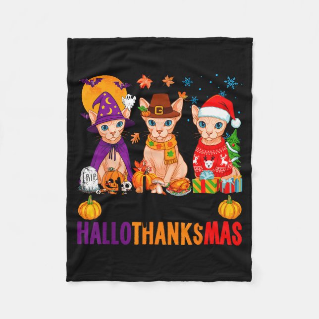 Couverture Polaire Happy Hallothanksmas Sphynx Cats Halloween Thanksg (Devant)