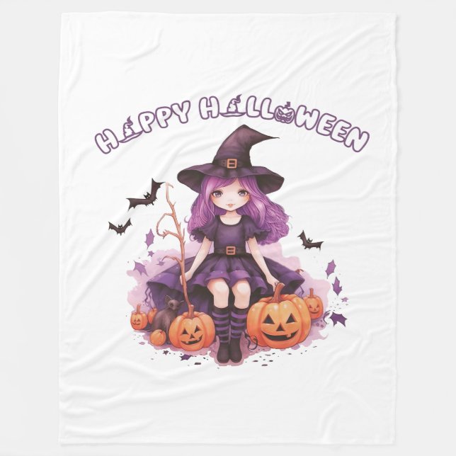 Couverture Polaire Happy Halloween violet sorcière Citrouilles et cha (Devant)