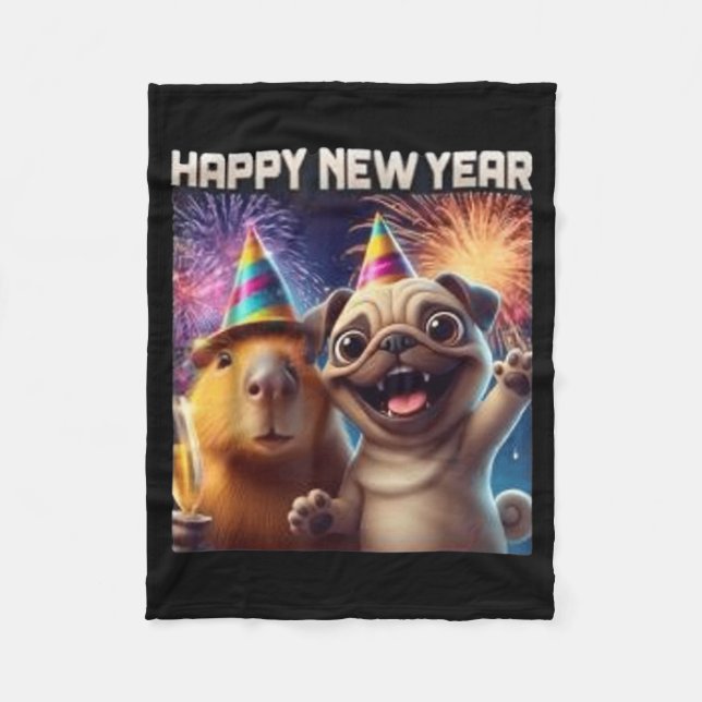 Couverture Polaire Happy New Year 2026 Capybara Pug Party Art  (Devant)
