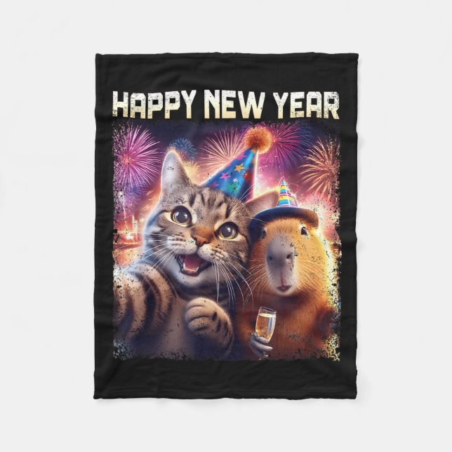 Couverture Polaire Happy New Year 2026 Cute Cat Capybara Party Art  (Devant)