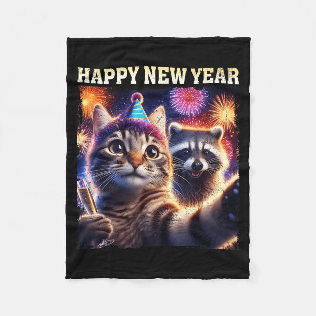 Couverture Polaire Happy New Year 2026 Cute Cat Raccoon Celebration  (Devant)