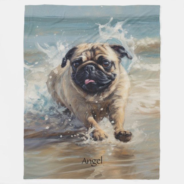 Couverture Polaire Happy Pug à la Plage personnalisable (Devant)