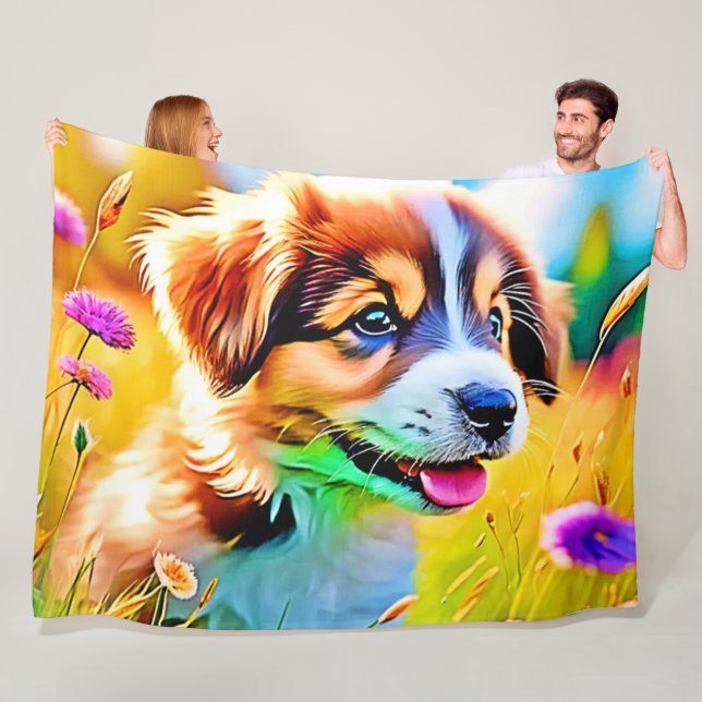 Couverture Polaire Happy Puppy Meadow Design (En situation)