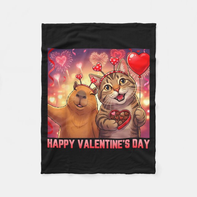 Couverture Polaire Happy Valentines 2026 Cute Cat Capybara Party Art  (Devant)