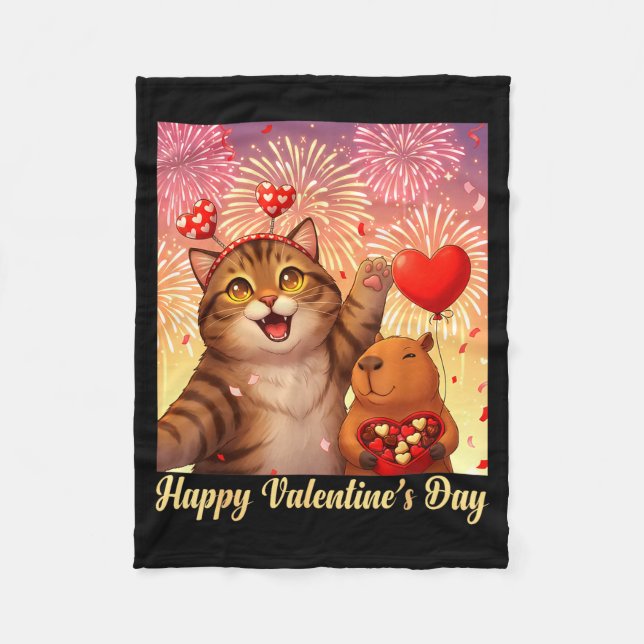 Couverture Polaire Happy Valentines 2026 Cute Cat Capybara Party Art  (Devant)