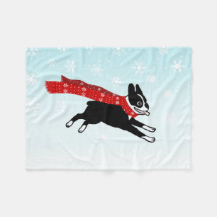 Couverture Polaire Happy Winter Fun Boston Terrier portant Red Scarf