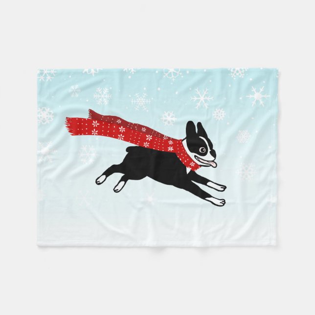 Couverture Polaire Happy Winter Fun Boston Terrier portant Red Scarf (Devant (Horizontal))