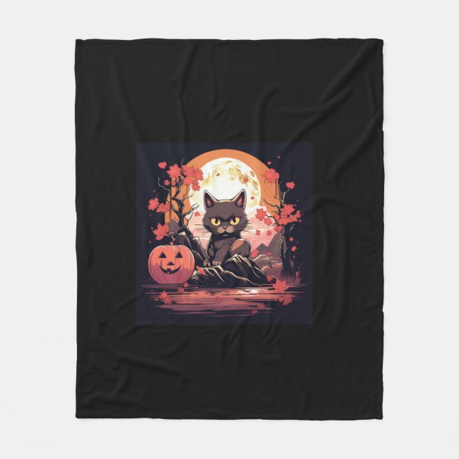 Couverture Polaire Haunée Halloween_ Sakura, Chat noir, Grande Vague (Devant)