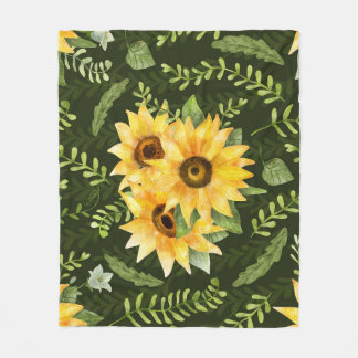 Couverture Polaire Herbes de tournesols Feuille Motif d'aquarelle