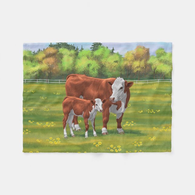 Couverture Polaire Hereford Cow & Cute Calf dans les pâturages d'été (Devant (Horizontal))
