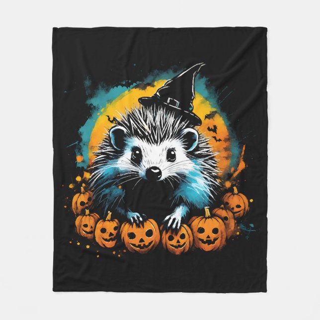 Couverture Polaire Hérisson d'Halloween et citrouilles mignon (Devant)