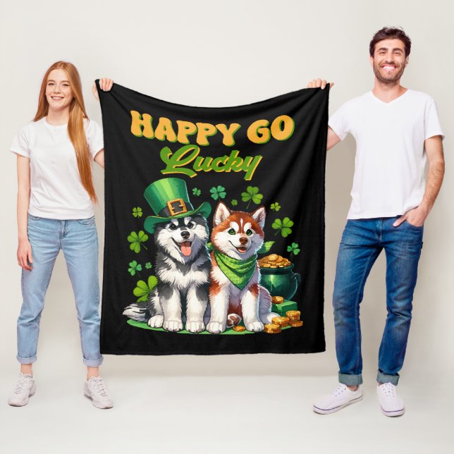 Couverture Polaire Heureux au Hasard Toutou Husky Mignon St. Patrick (En situation)