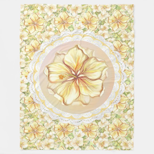 Couverture Polaire Hibiscus & dentelle JAUNE (Devant)