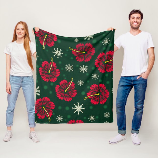 Couverture Polaire Hibiscus floral tropical Snowflakes Noël | (En situation)