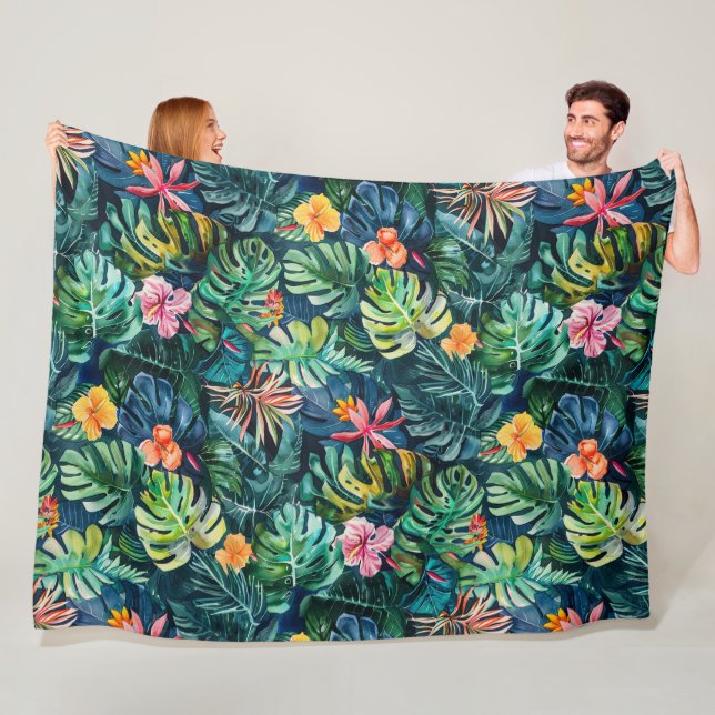 Couverture Polaire Hibiscus Monstera Jungle (En situation)
