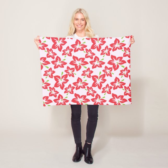 Couverture Polaire Hibiscus rouge, fleurs rouges, motif de fleurs (En situation)