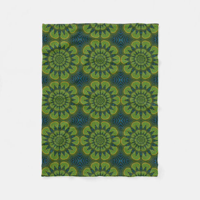 Couverture Polaire Hippie Abstraite Vert & Marine Fleurs Bleues Ethni (Devant)