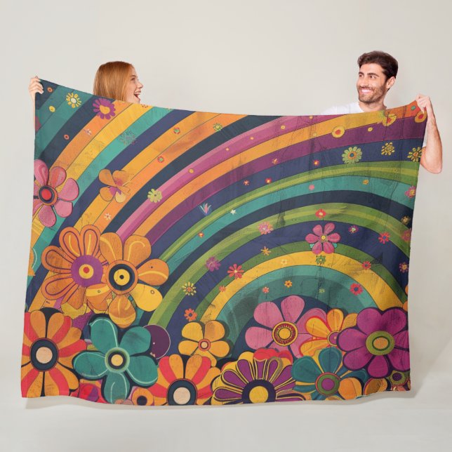 Couverture Polaire Hippie rétro : Arc-en-ciel et fleurs (En situation)